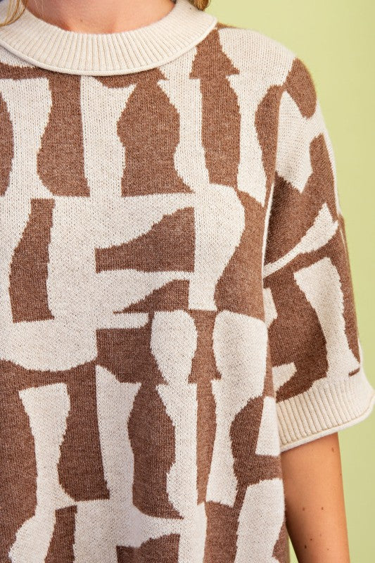 Short Sleeve Geometric Print Sweater Dress