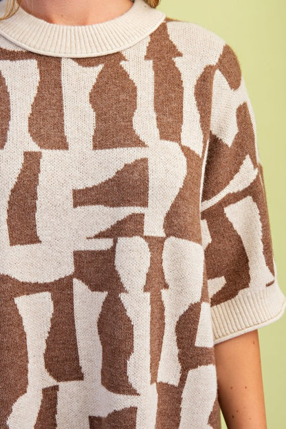 Short Sleeve Geometric Print Sweater Dress