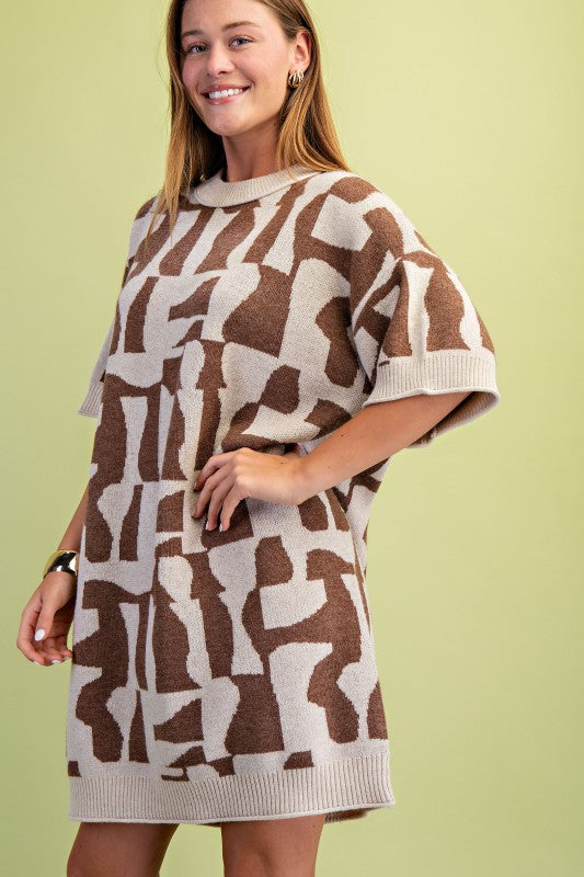 Short Sleeve Geometric Print Sweater Dress