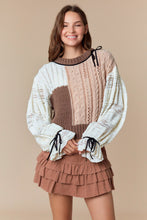 Load image into Gallery viewer, Ivory &amp; Brown Lace Cable Knit Cropped Sweater
