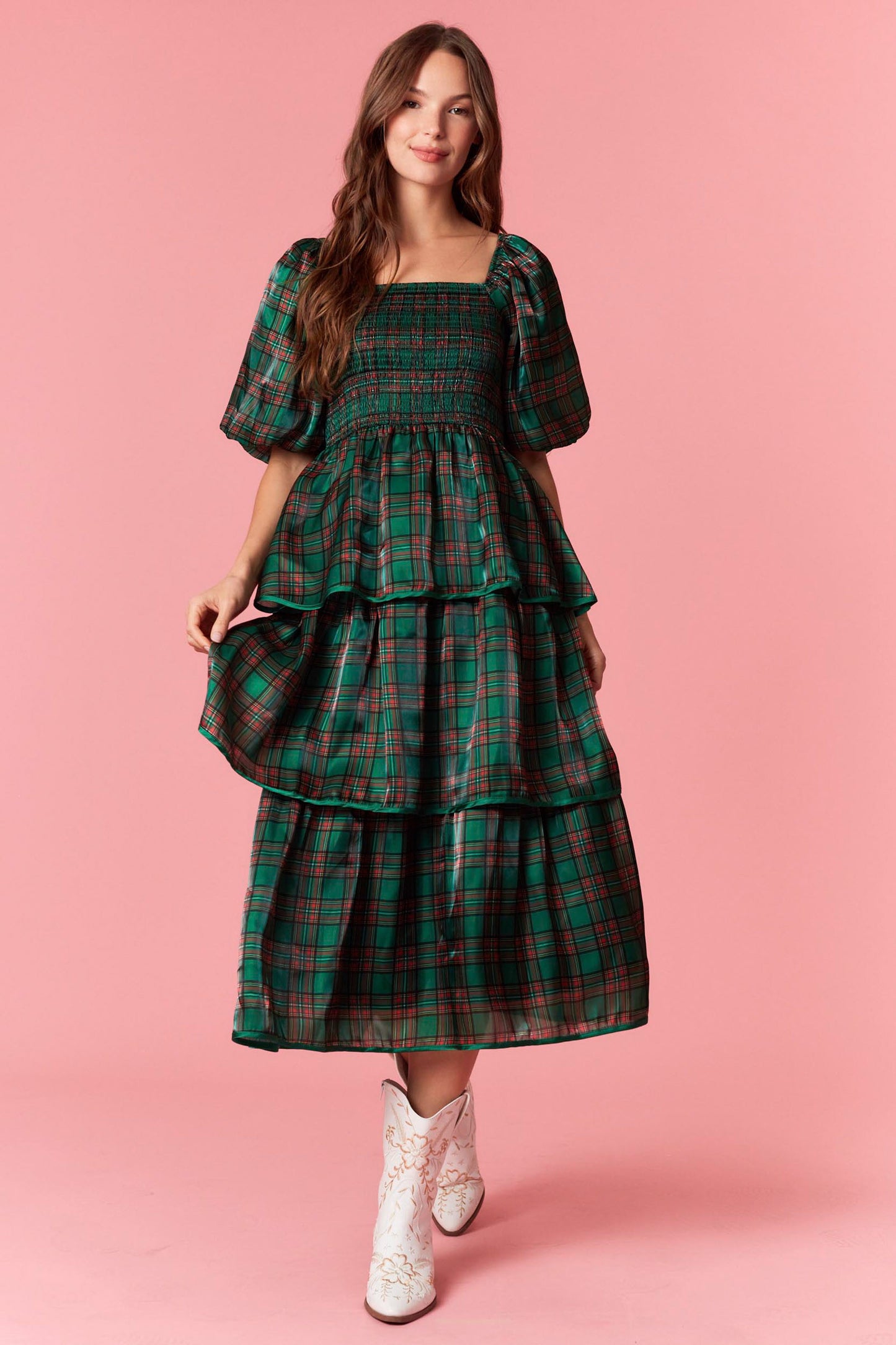 Christmas Plaid Bubble Sleeve Tiered Midi Dress