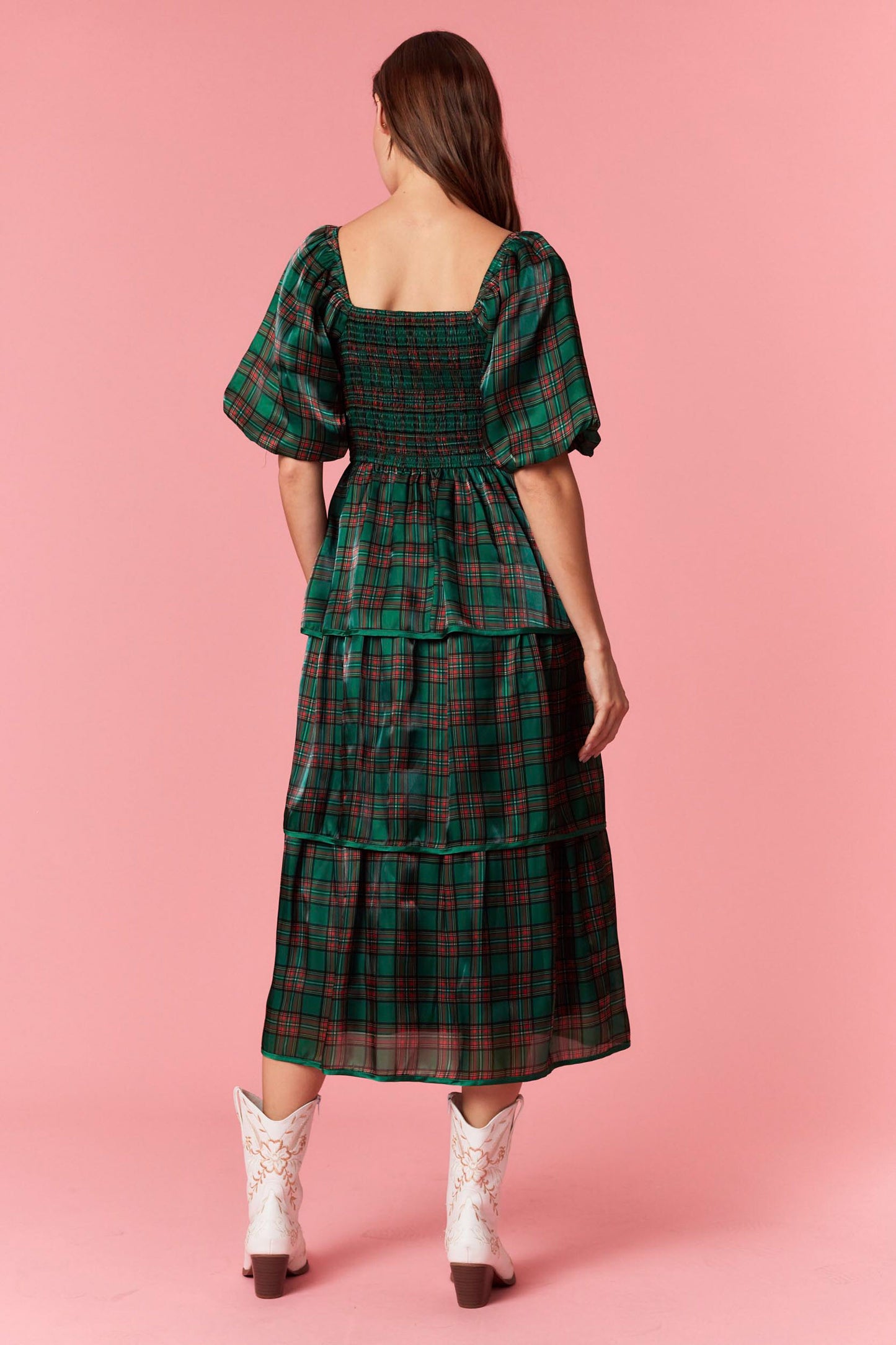 Christmas Plaid Bubble Sleeve Tiered Midi Dress
