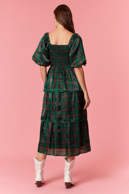 Christmas Plaid Bubble Sleeve Tiered Midi Dress