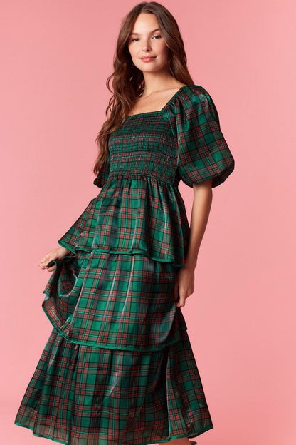 Christmas Plaid Bubble Sleeve Tiered Midi Dress