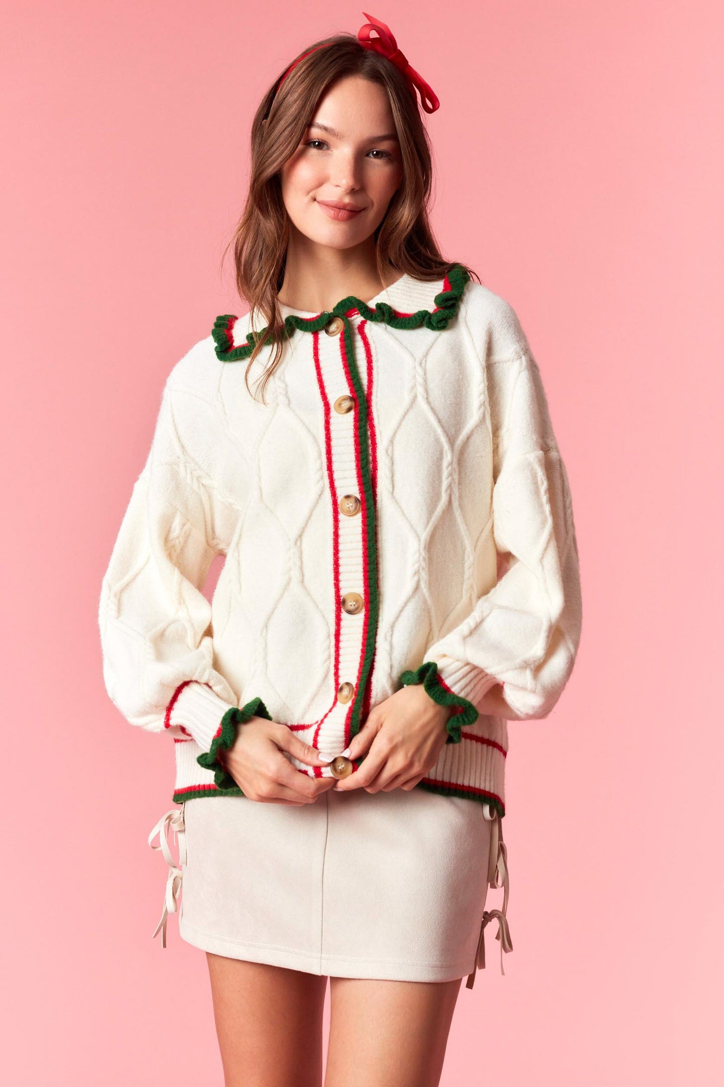 Ivory Ruffle Detail Collar Cable Knit Cardigan