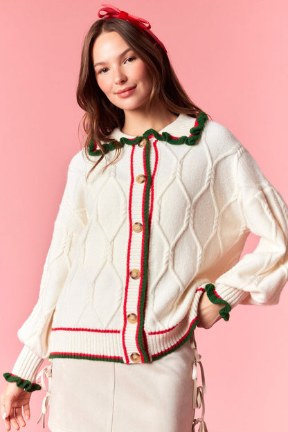 Ivory Ruffle Detail Collar Cable Knit Cardigan