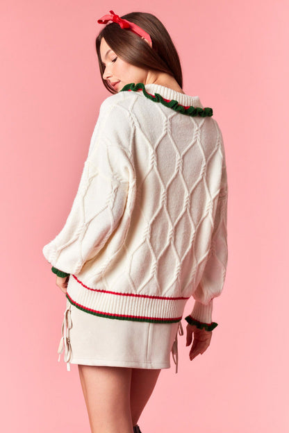 Ivory Ruffle Detail Collar Cable Knit Cardigan