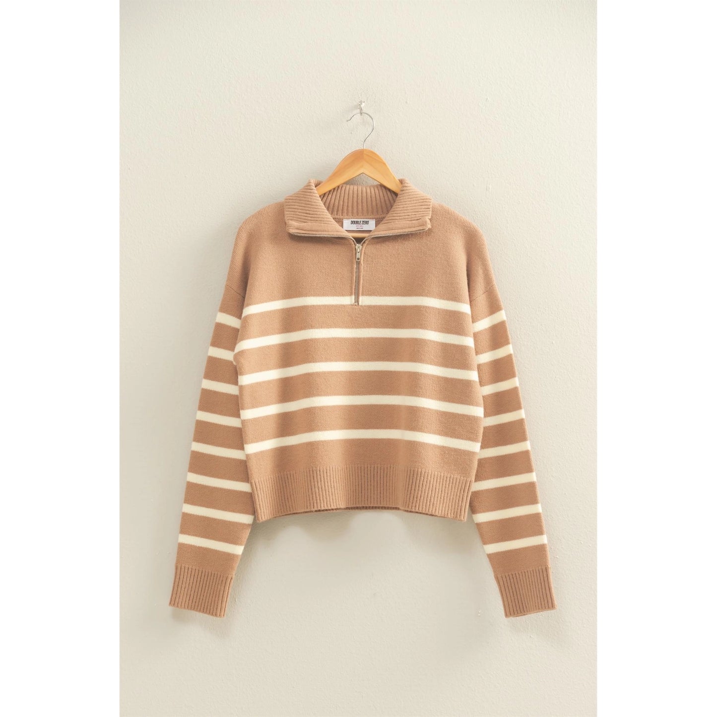 Dark Taupe & Cream Striped Half Zip Sweater