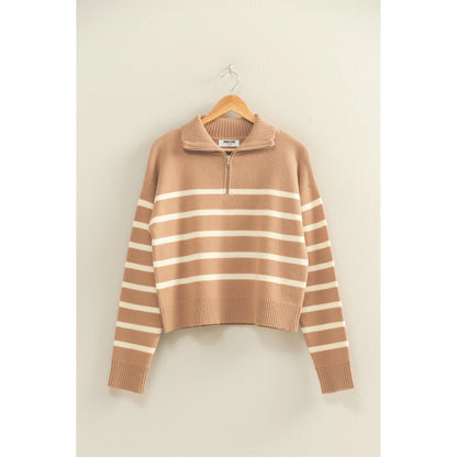 Dark Taupe & Cream Striped Half Zip Sweater