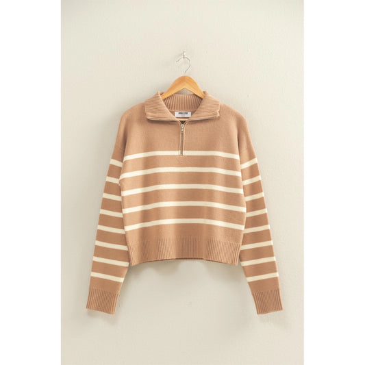 Dark Taupe & Cream Striped Half Zip Sweater