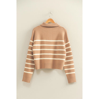 Dark Taupe & Cream Striped Half Zip Sweater