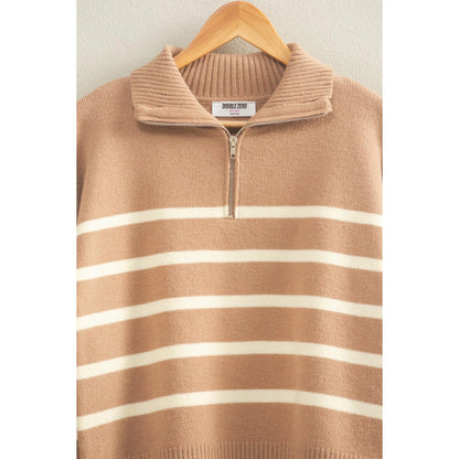 Dark Taupe & Cream Striped Half Zip Sweater