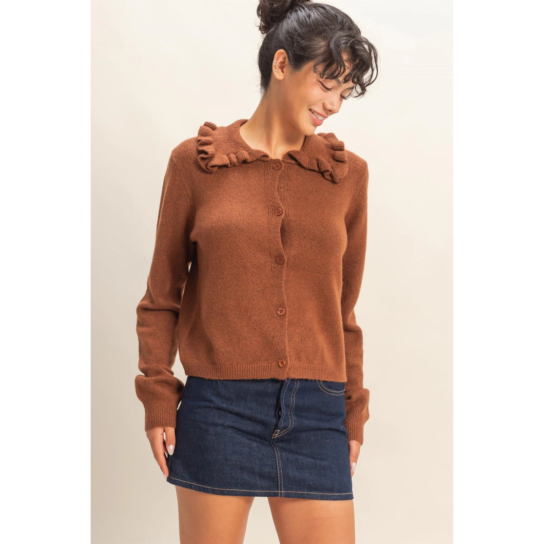 Chestnut Ruffle Collar Cardigan Sweater