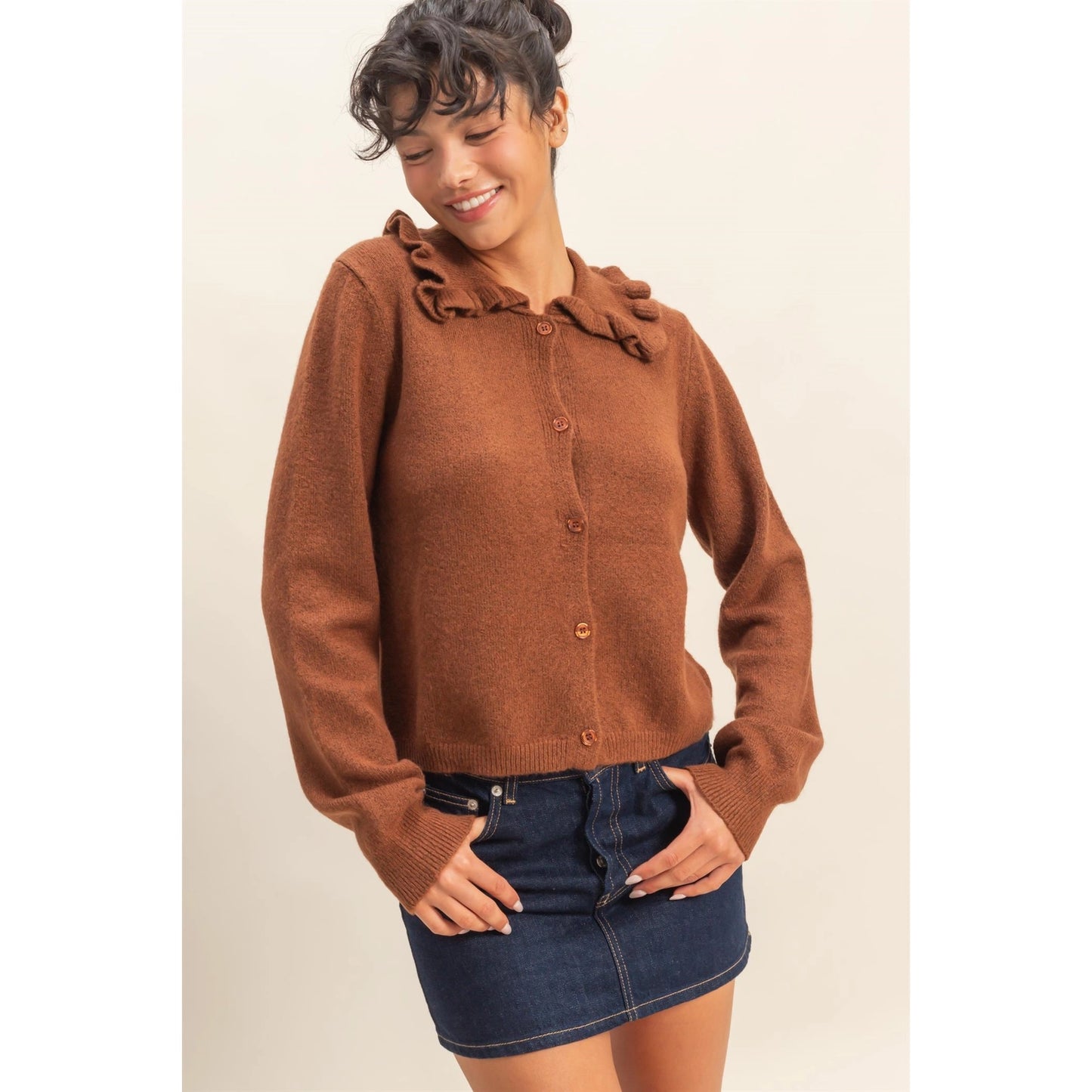 Chestnut Ruffle Collar Cardigan Sweater