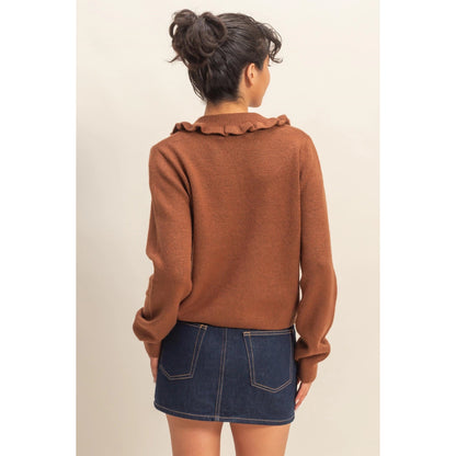 Chestnut Ruffle Collar Cardigan Sweater
