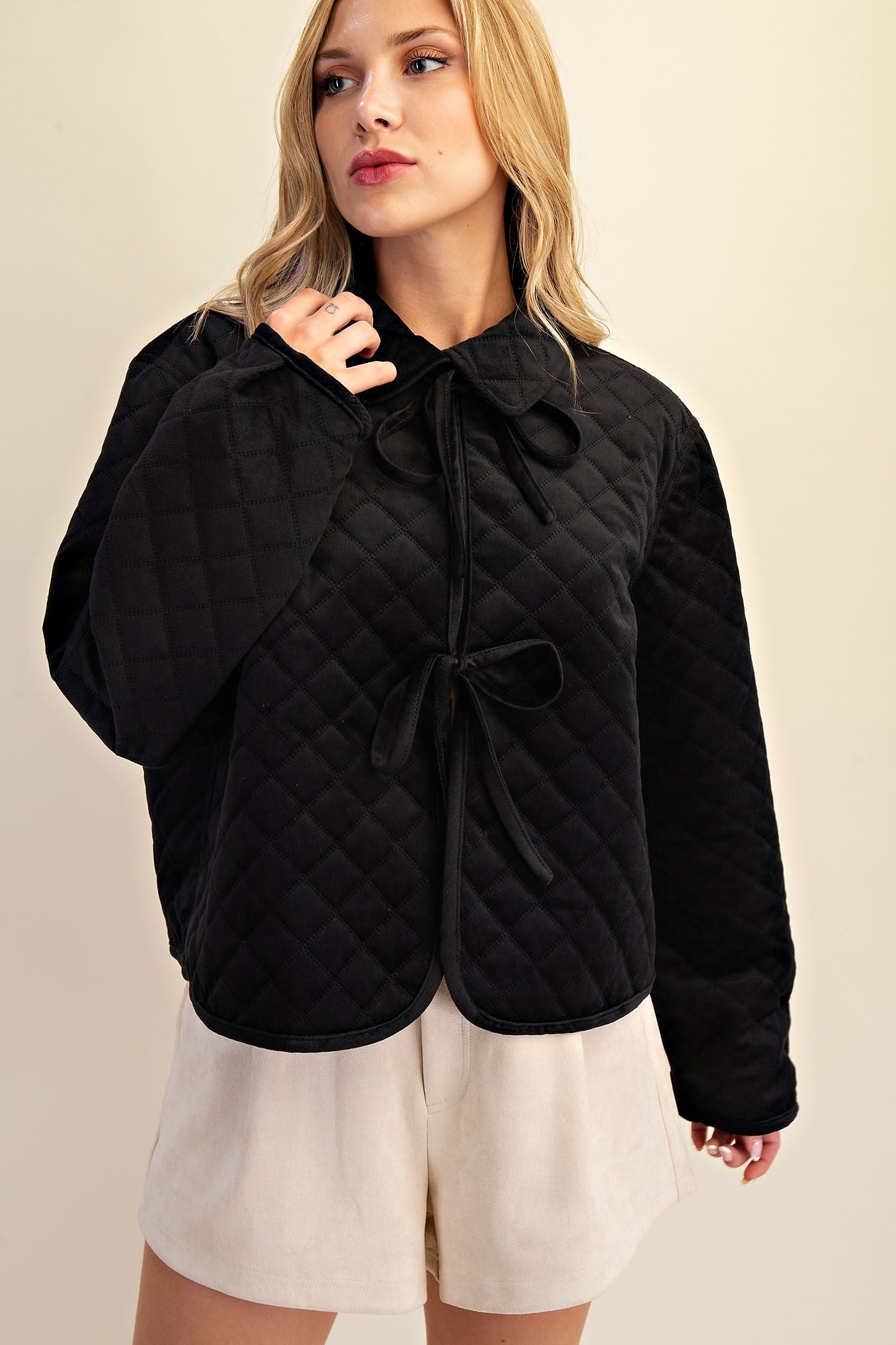 Black Quilted Collared Front Tie Jacket