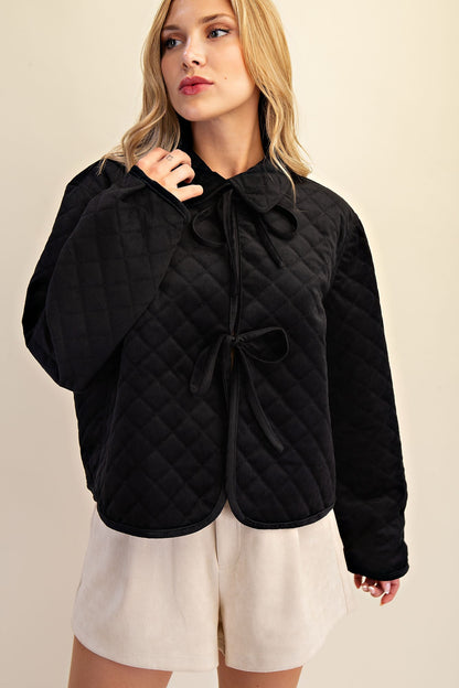 Black Quilted Collared Front Tie Jacket