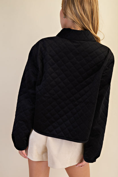 Black Quilted Collared Front Tie Jacket