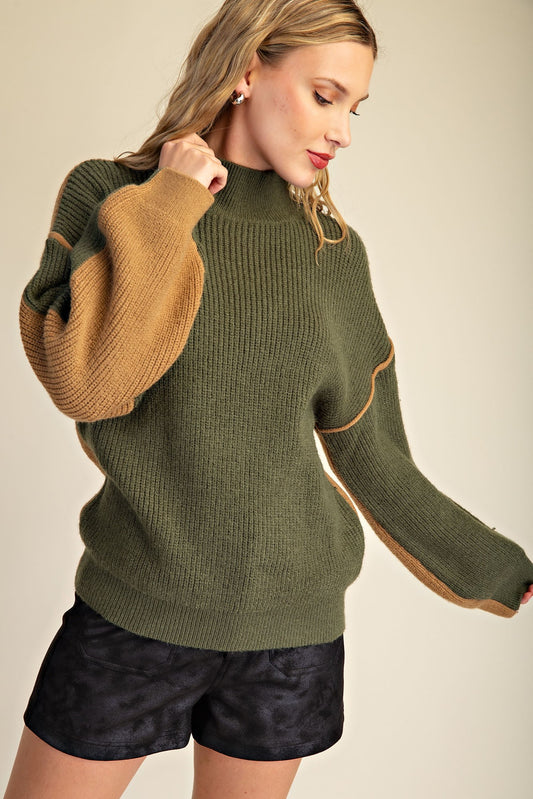 Olive & Brown Contrast Mock Neck Sweater