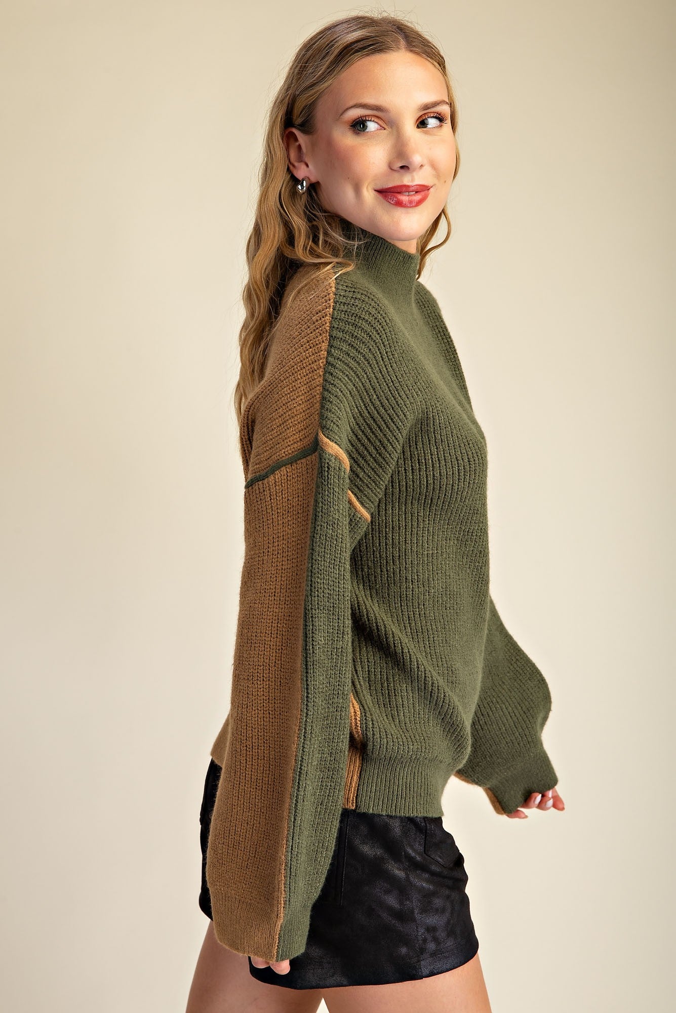 Olive & Brown Contrast Mock Neck Sweater
