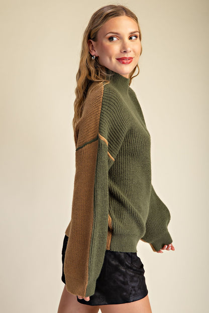 Olive & Brown Contrast Mock Neck Sweater