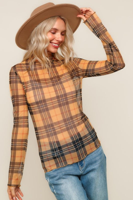 Butterscotch Plaid Mesh Top