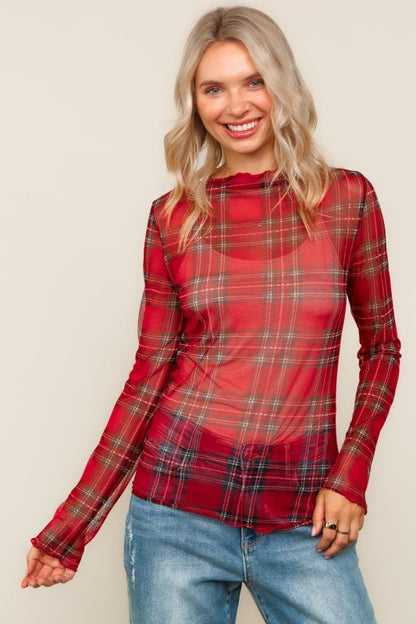 Red Plaid Mesh Top