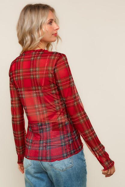 Red Plaid Mesh Top
