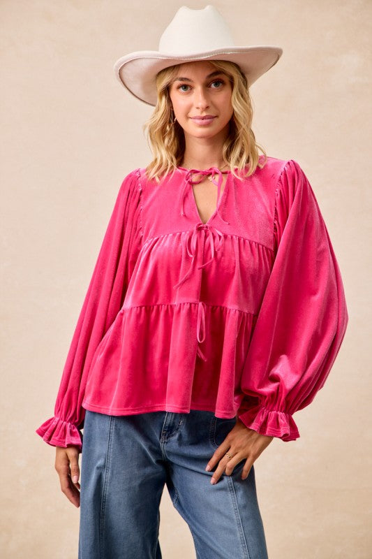 Fuchsia Velvet Bow Tie Babydoll Top