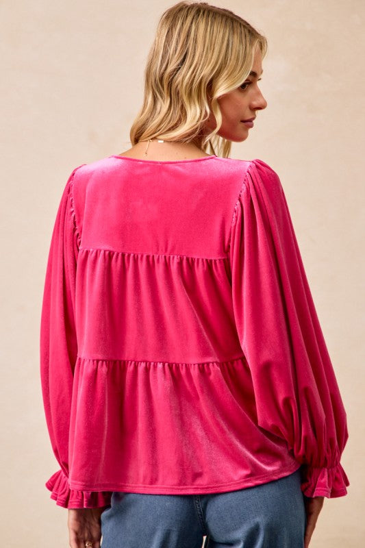 Fuchsia Velvet Bow Tie Babydoll Top