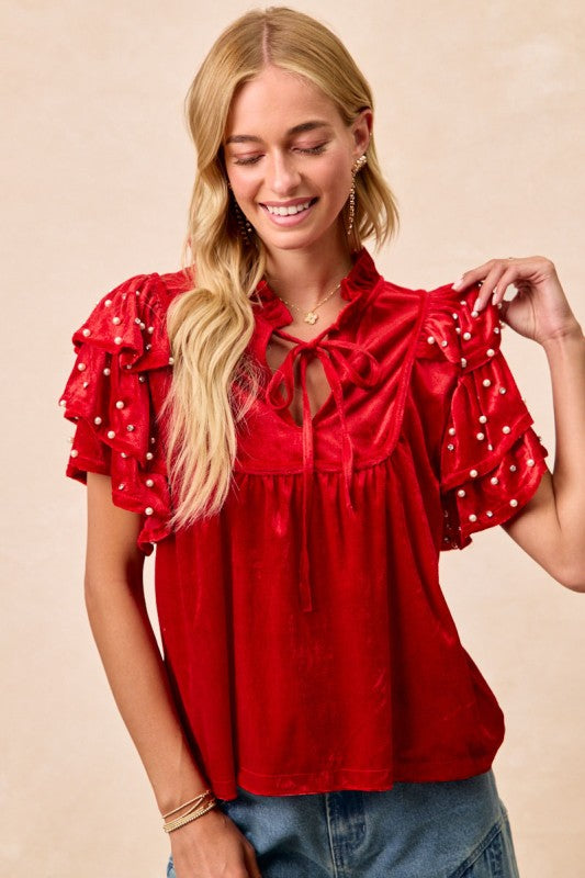 Red Velvet Pearl & Jewel Studded Blouse