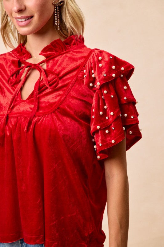Red Velvet Pearl & Jewel Studded Blouse