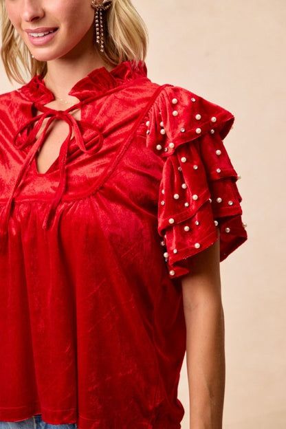 Red Velvet Pearl & Jewel Studded Blouse
