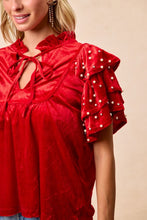 Load image into Gallery viewer, Red Velvet Pearl &amp; Jewel Studded Blouse
