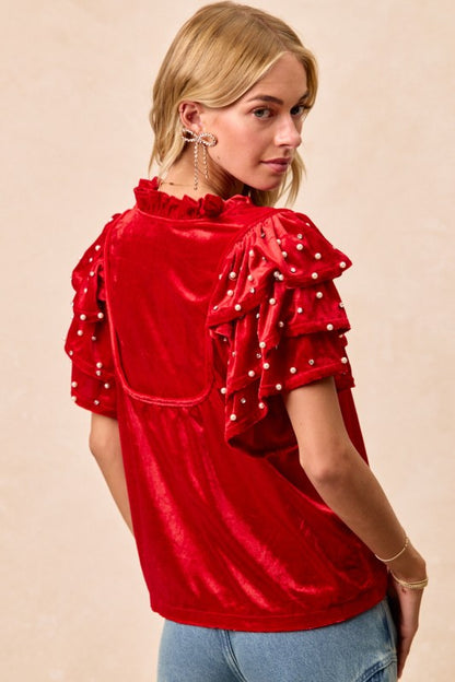 Red Velvet Pearl & Jewel Studded Blouse