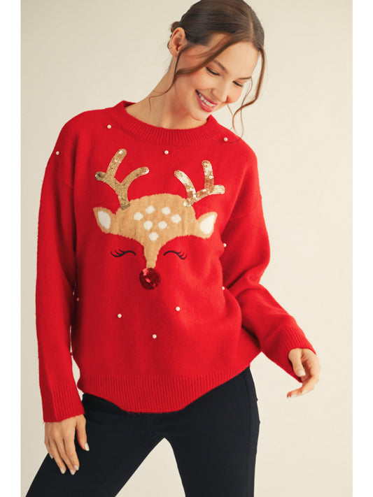 Pearl Embellished Sequin Rudolph Sweater