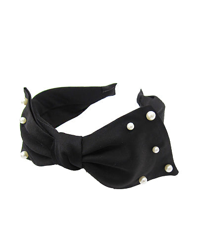 Pearl Studded Black Silk Bow Headband