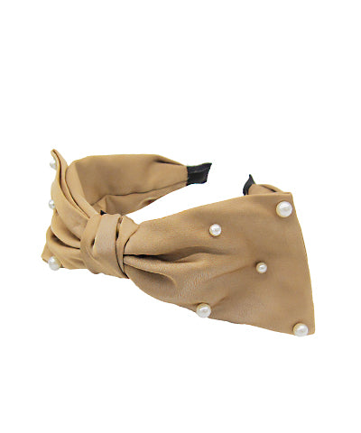 Light Brown Pearl Embellished Silk Bow Headband