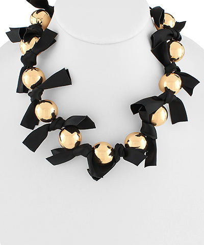 Gold Ball & Black Ribbon Necklace