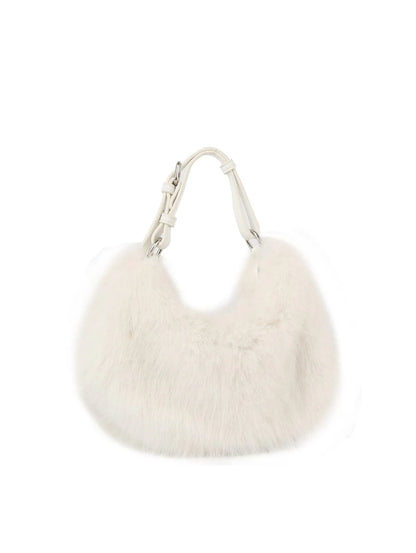 White Faux Fur Croissant Handbag / Crossbody