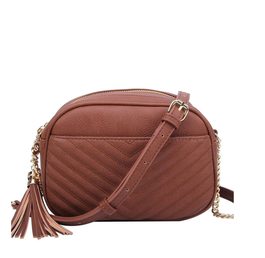 Coffee Double Zipper V Patterned Stitch Crossbody
