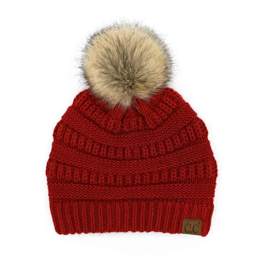 Red Knit Fur Pom Beanie