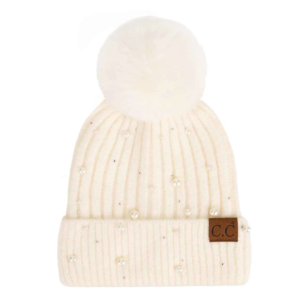 Ivory Pearl Embellished Pom Beanie