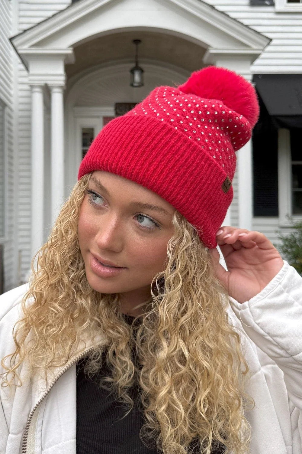 CC Red Rhinestone Pom Beanie