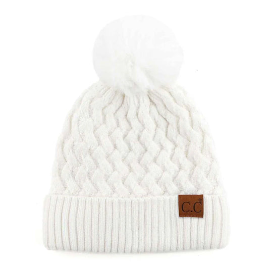 CC White Woven Cable Knit Cuffed Pom Beanie
