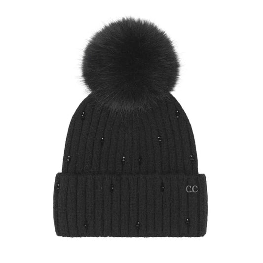 CC Black Glass Bead Cuff Faux Fur Pom Beanie