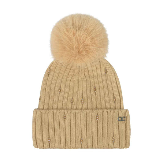 CC Camel Glass Bead Cuff Faux Fur Pom Beanie