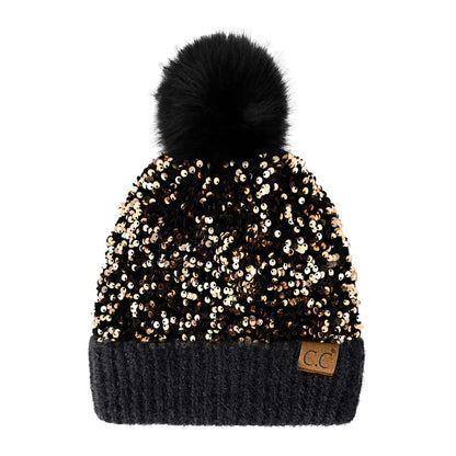CC Black & Gold Sequin Pom Beanie