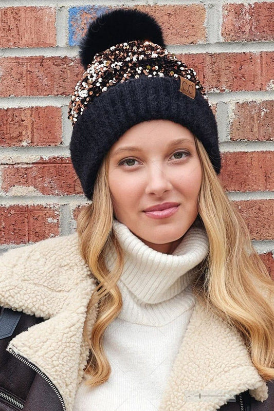 CC Black & Gold Sequin Pom Beanie
