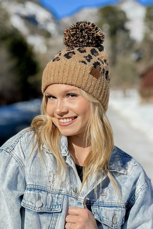 CC Leopard Jacquard Knit Pom Beanie